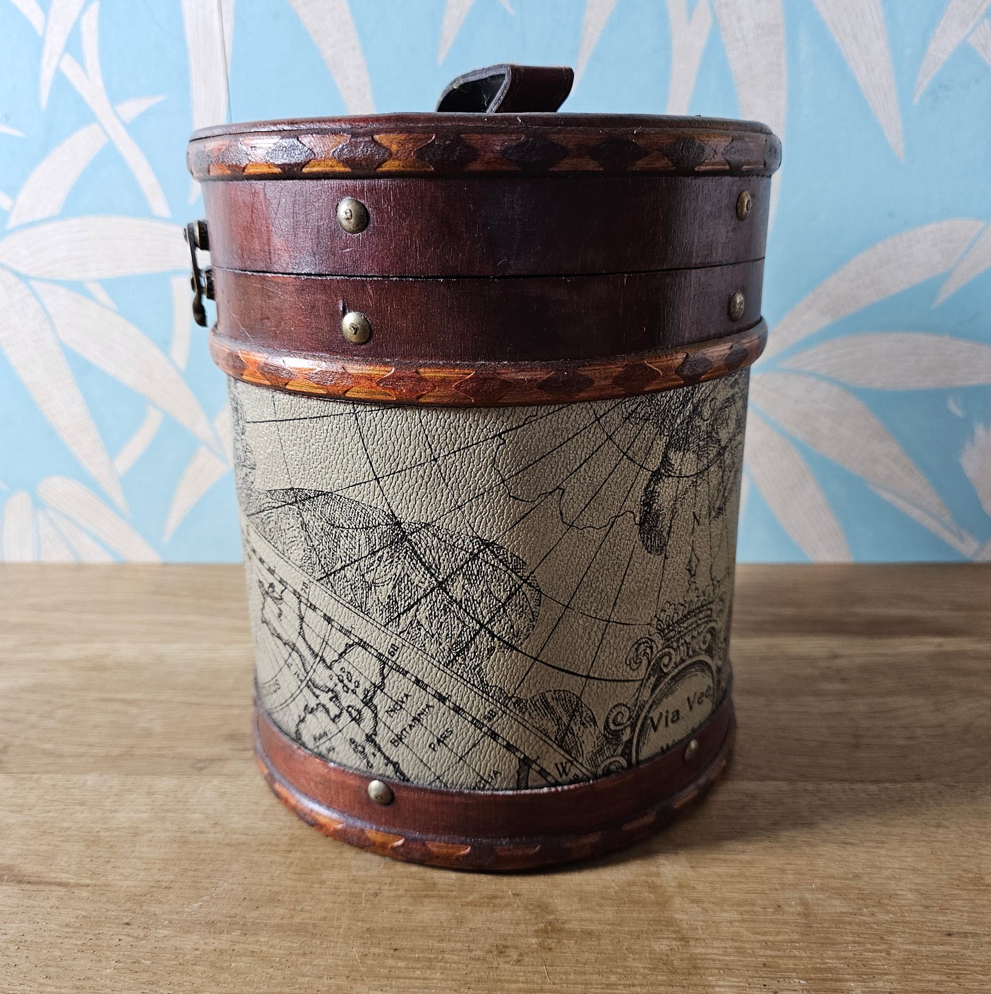 Via Vee World vintage-style round storage barrel with antique map print
