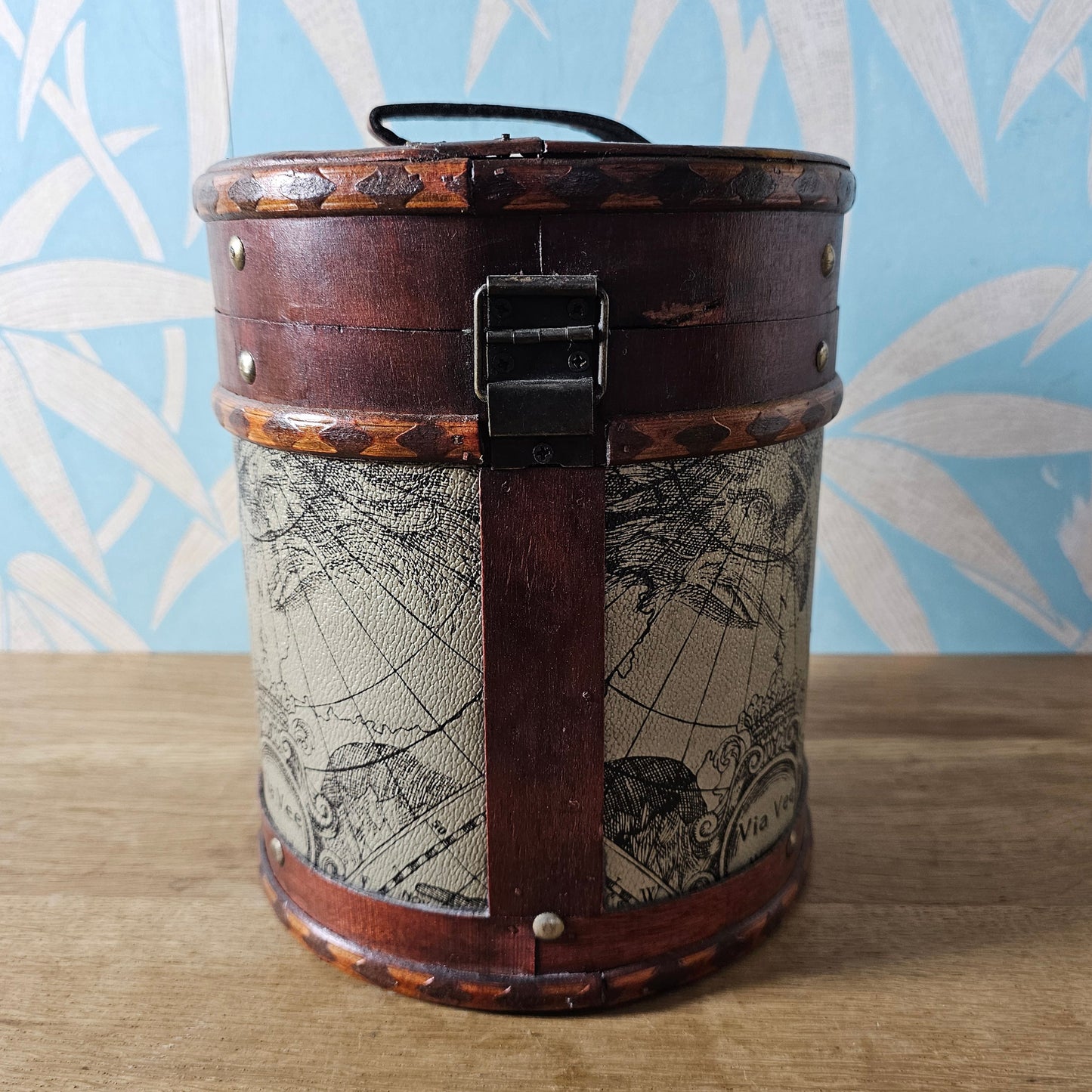 Via Vee World vintage-style round storage barrel with antique map print
