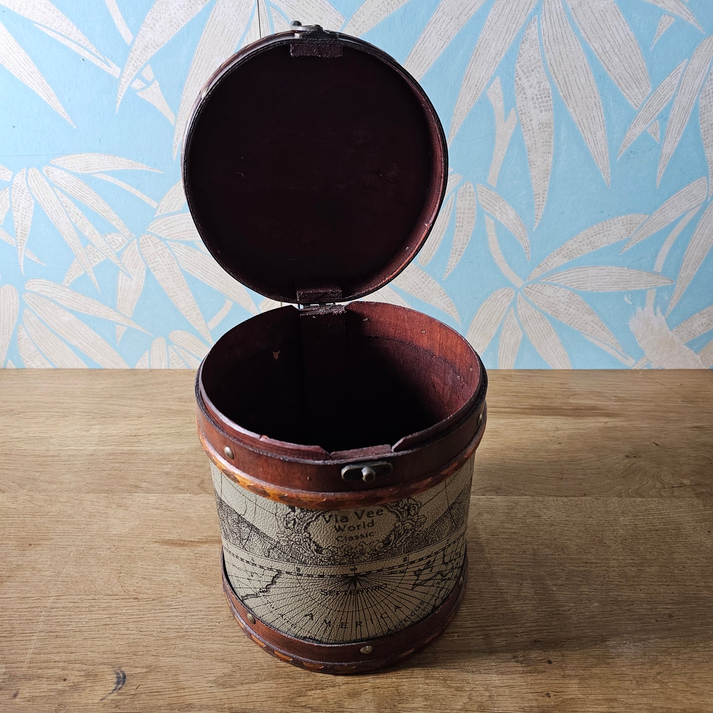 Via Vee World vintage-style round storage barrel with antique map print