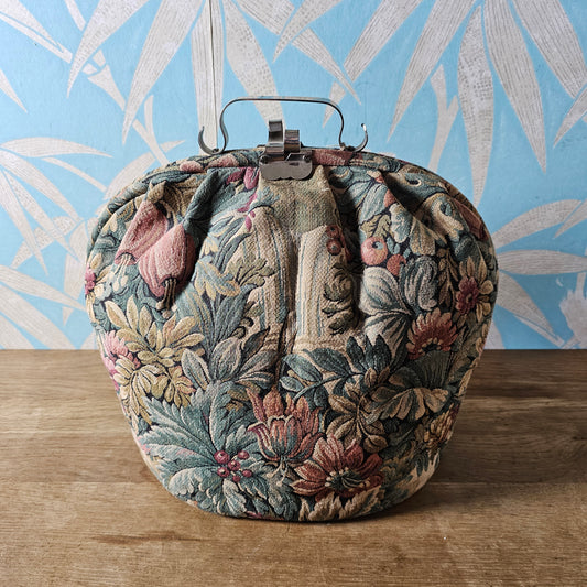 Mid-century floral tapestry teapot carrier with satin lining