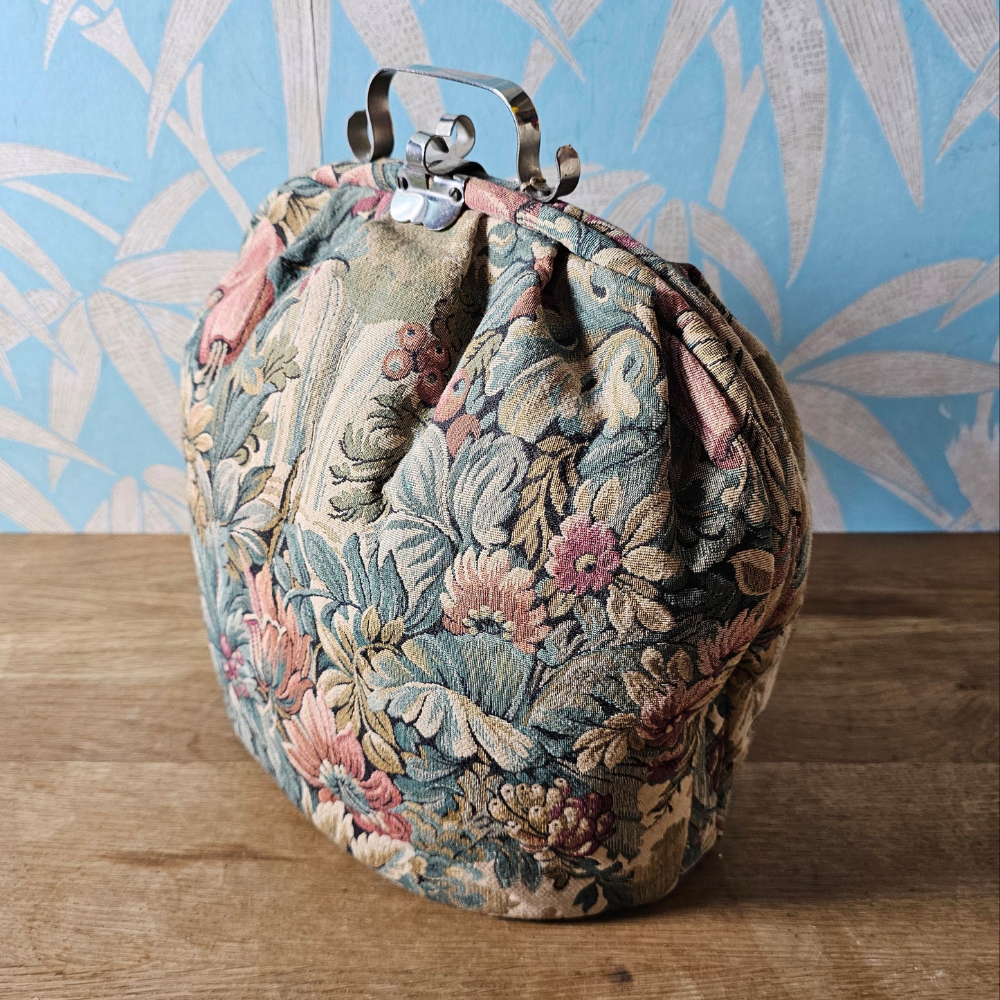 Mid-century floral tapestry teapot carrier with satin lining