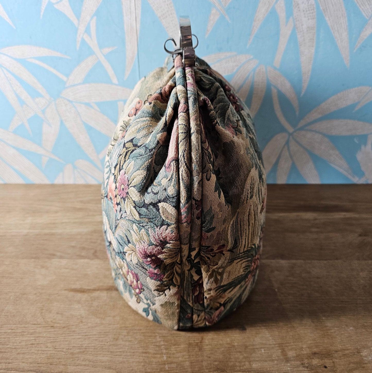 Mid-century floral tapestry teapot carrier with satin lining
