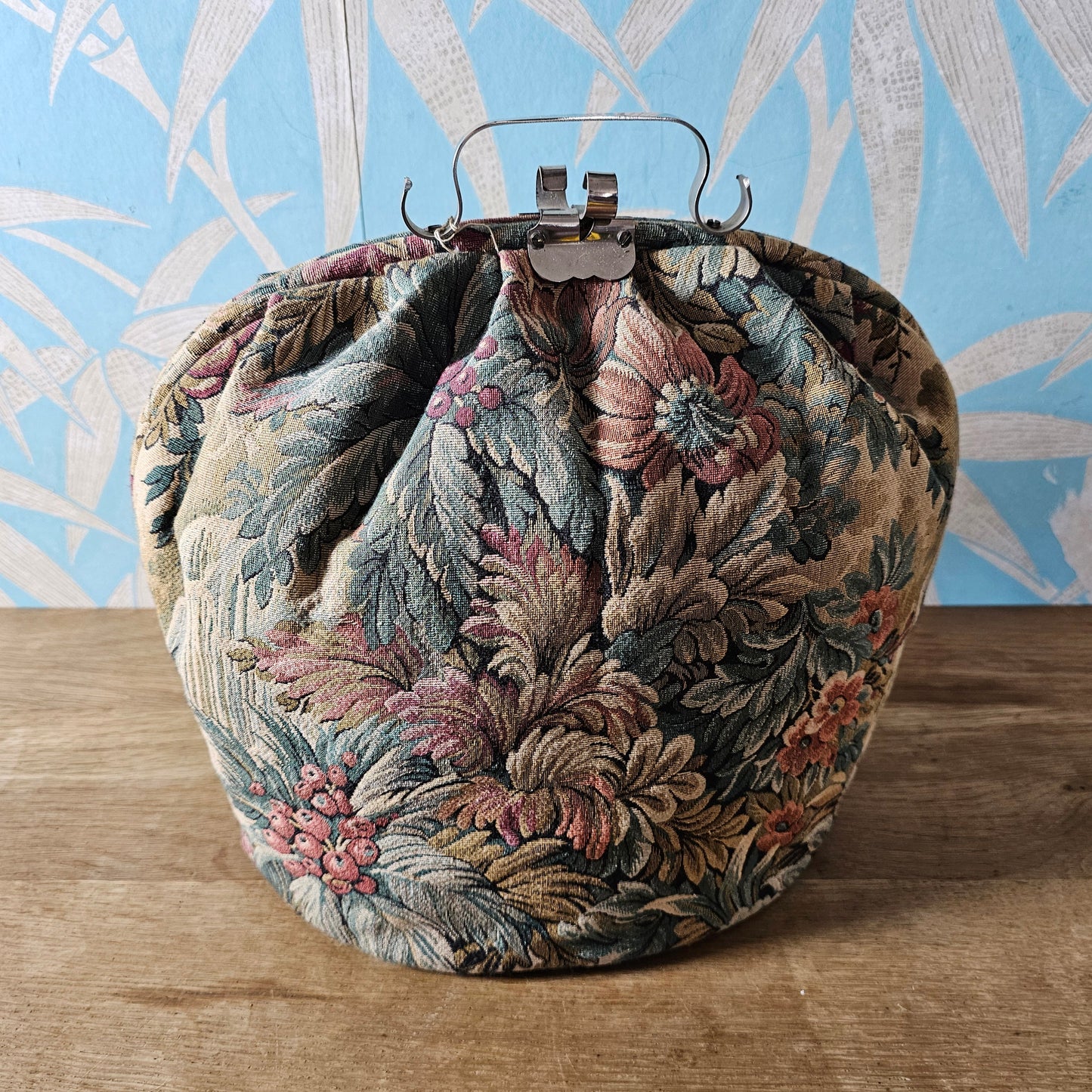 Mid-century floral tapestry teapot carrier with satin lining