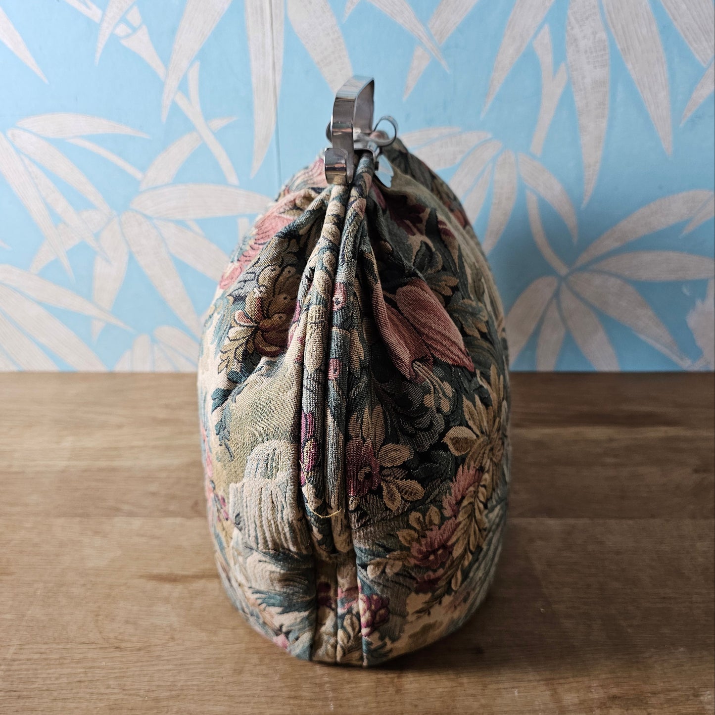 Mid-century floral tapestry teapot carrier with satin lining