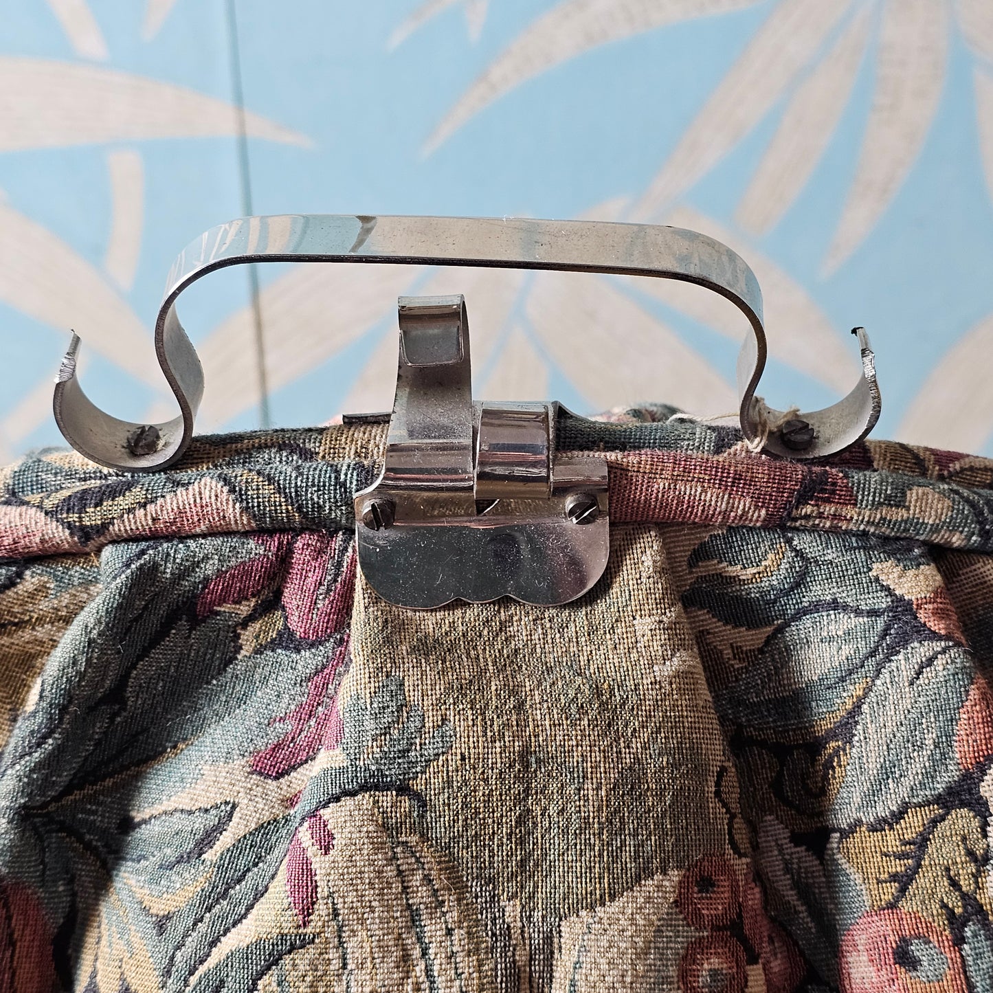 Mid-century floral tapestry teapot carrier with satin lining