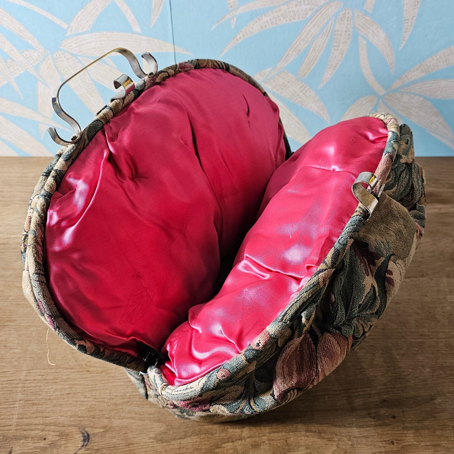 Mid-century floral tapestry teapot carrier with satin lining