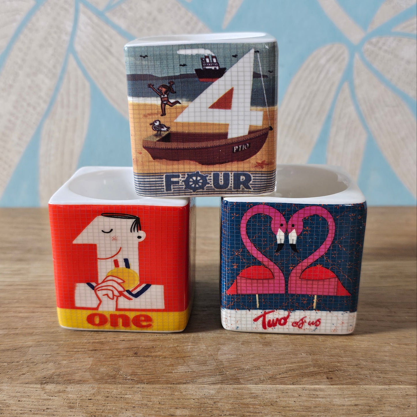 Set of 3 Paul Thurlby illustrated numbered egg cups (No. 1, 2 & 4)