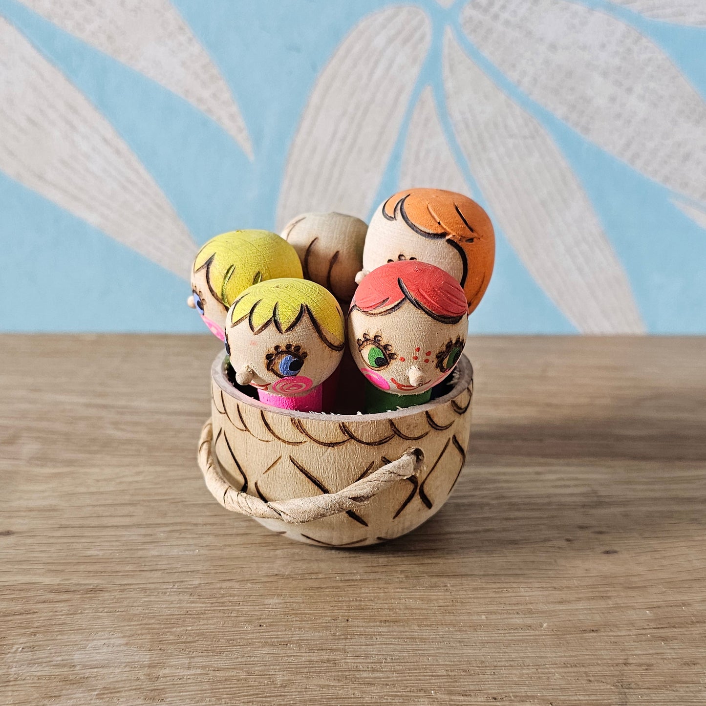 1985 Soviet Russian wooden folk art children in basket toy