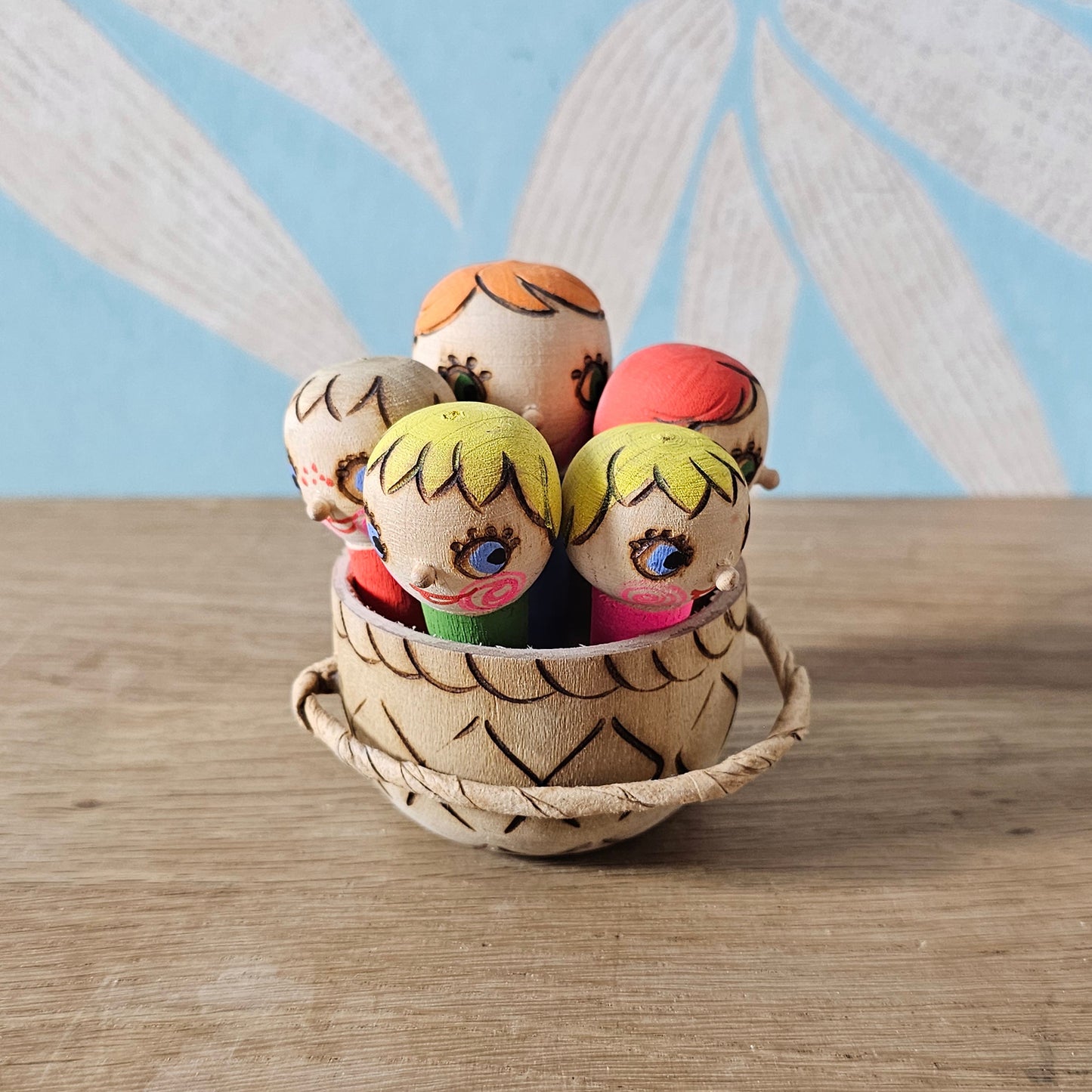 1985 Soviet Russian wooden folk art children in basket toy