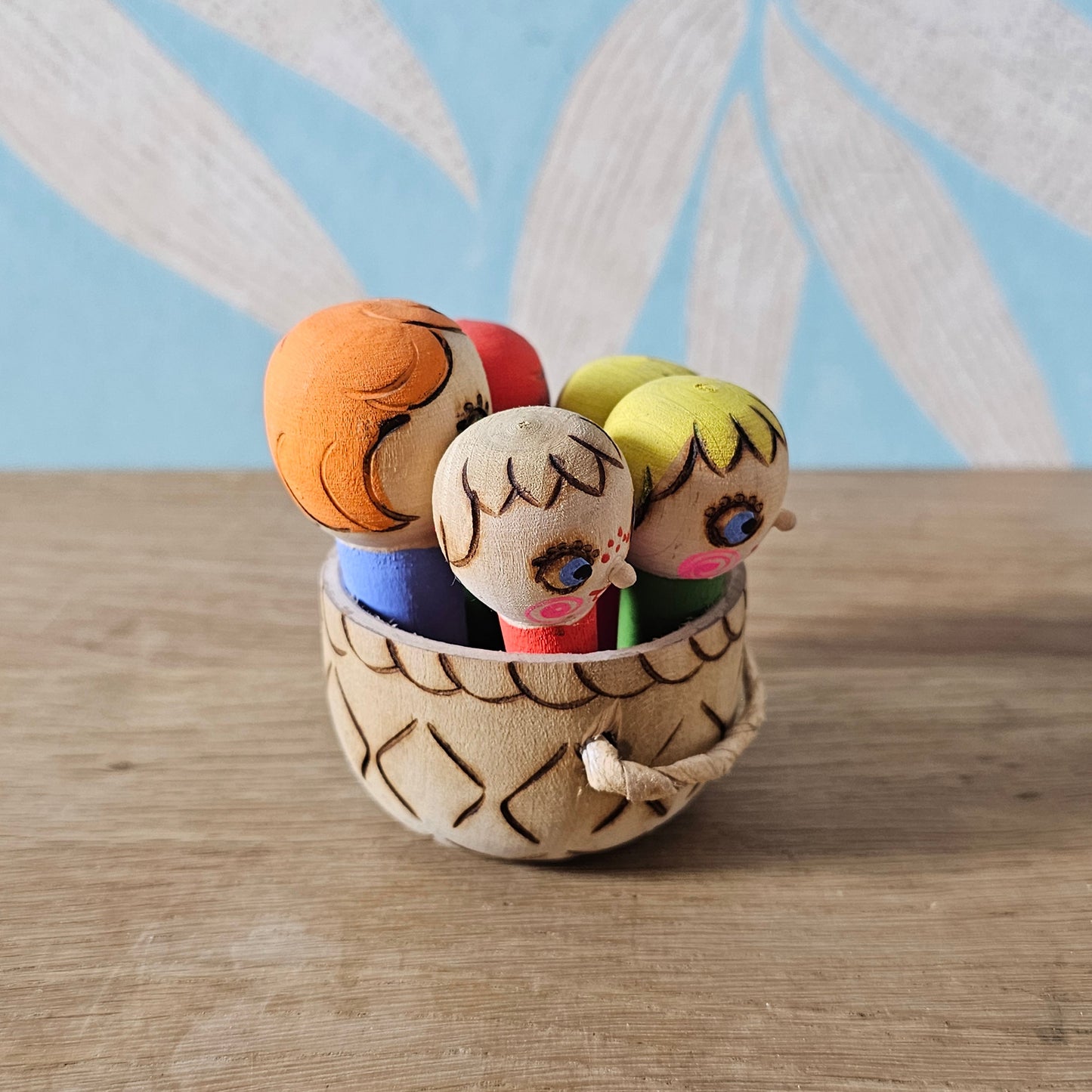 1985 Soviet Russian wooden folk art children in basket toy