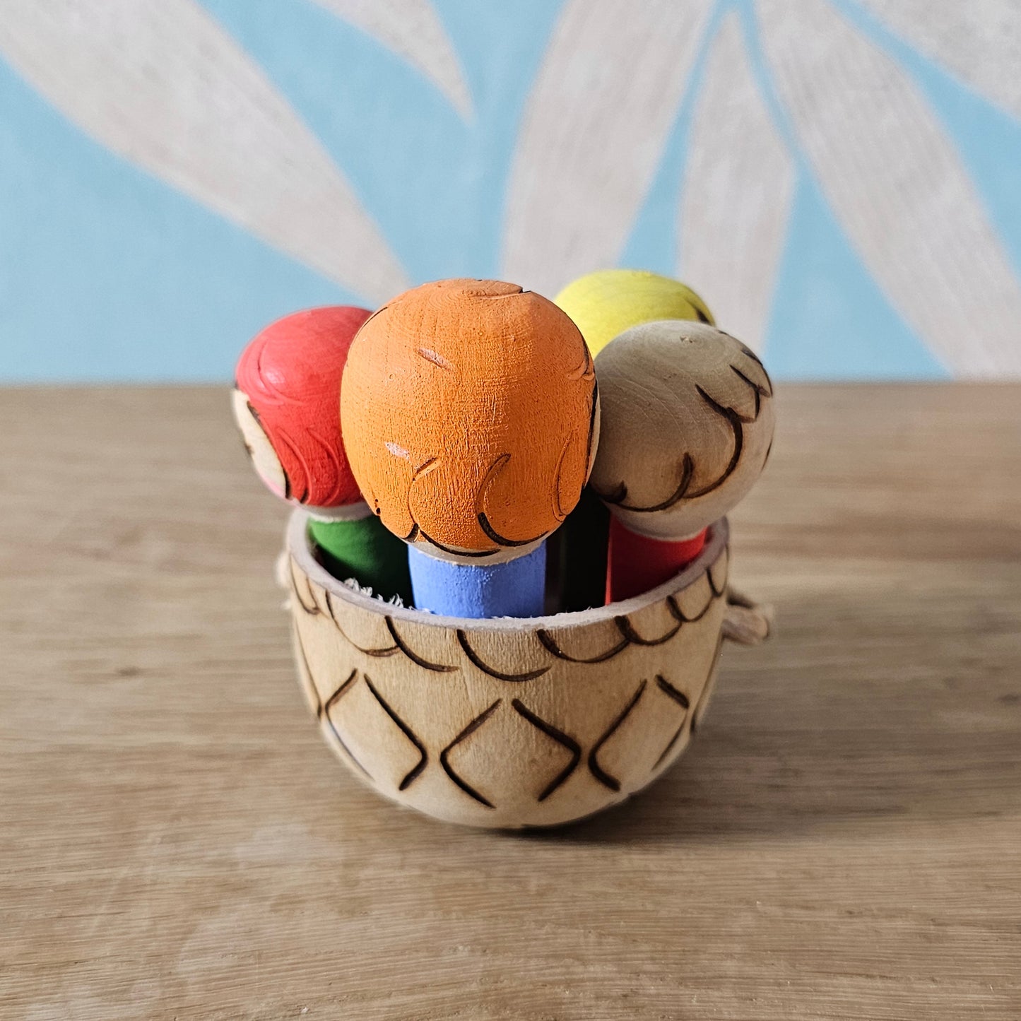 1985 Soviet Russian wooden folk art children in basket toy