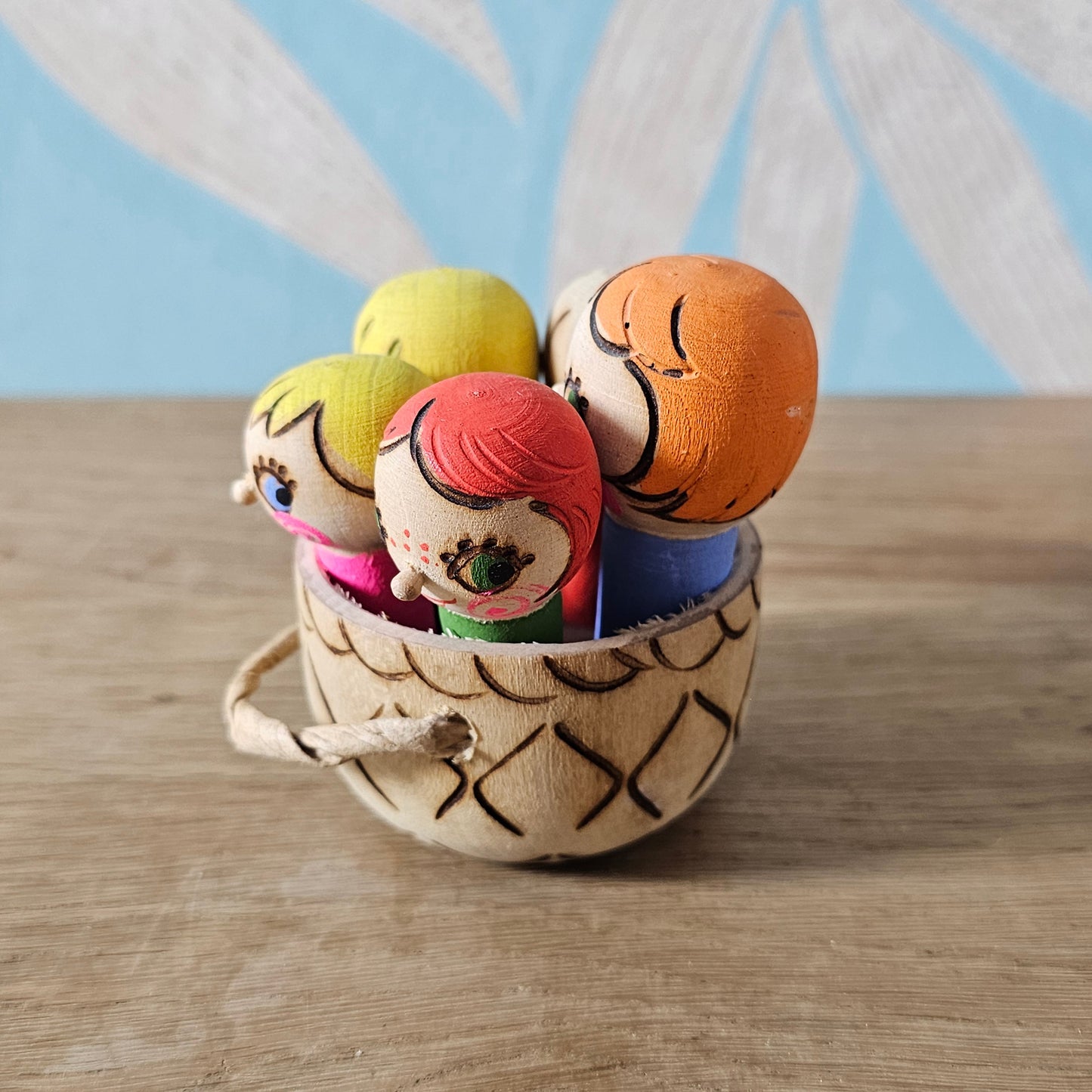 1985 Soviet Russian wooden folk art children in basket toy