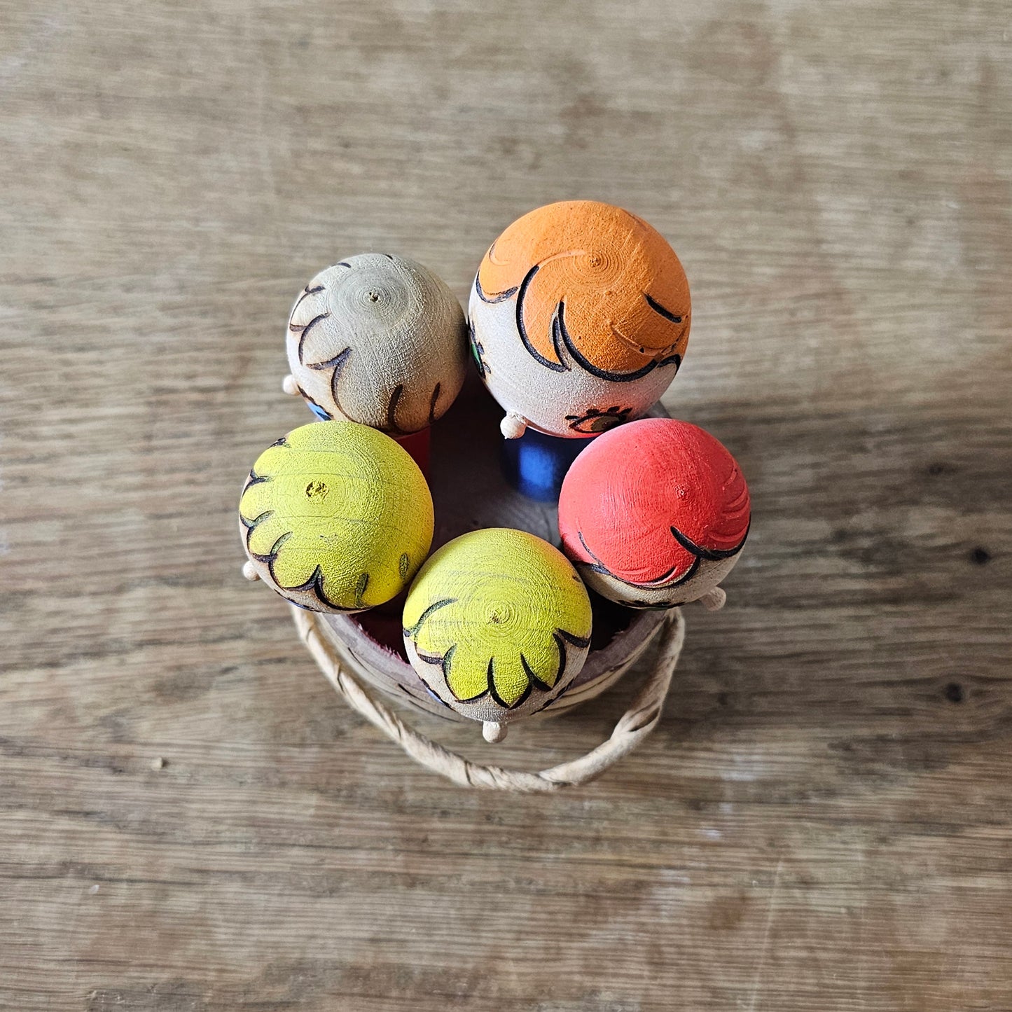 1985 Soviet Russian wooden folk art children in basket toy