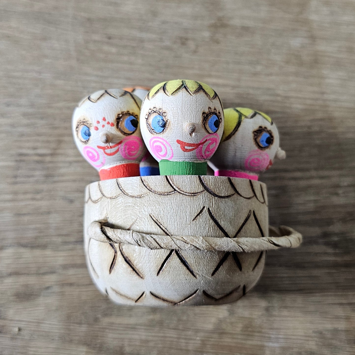 1985 Soviet Russian wooden folk art children in basket toy