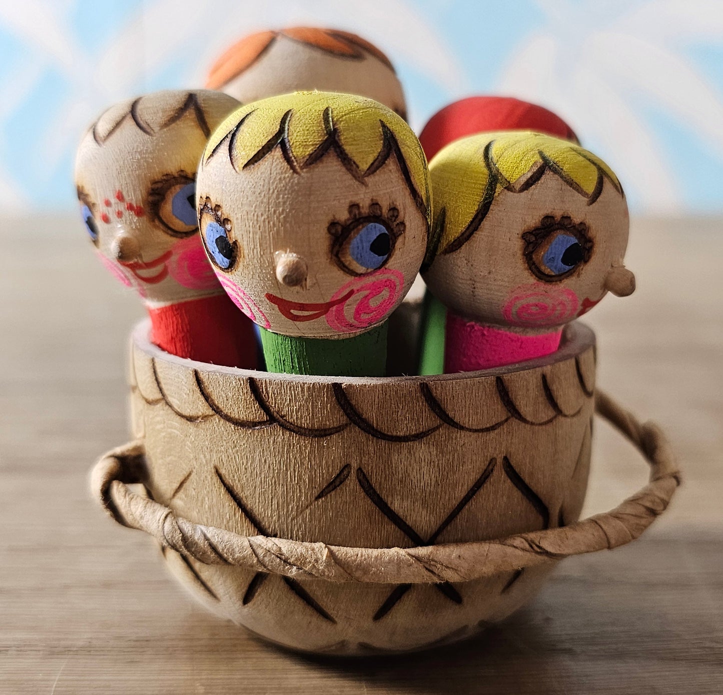 1985 Soviet Russian wooden folk art children in basket toy