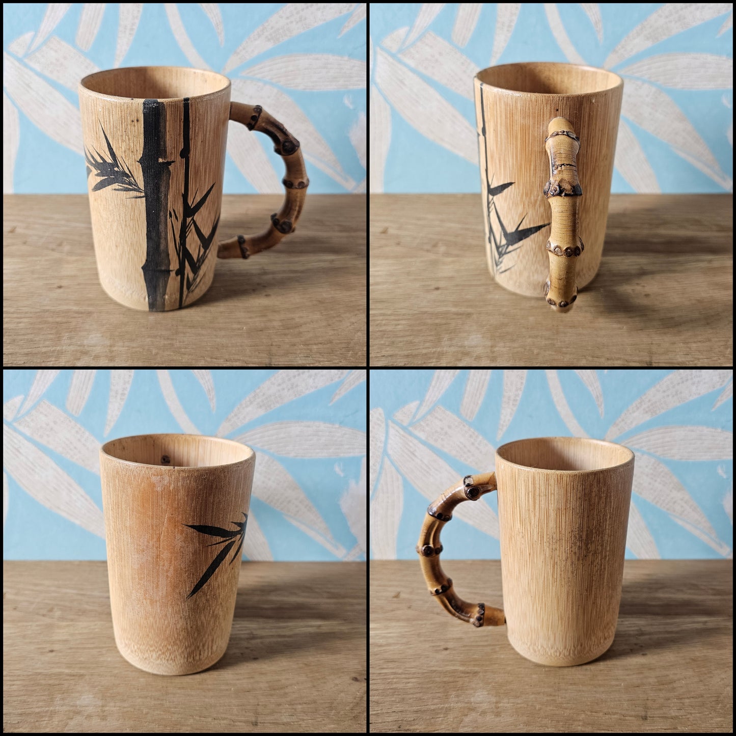 Set of five 1970s hand-painted bamboo wood tankards
