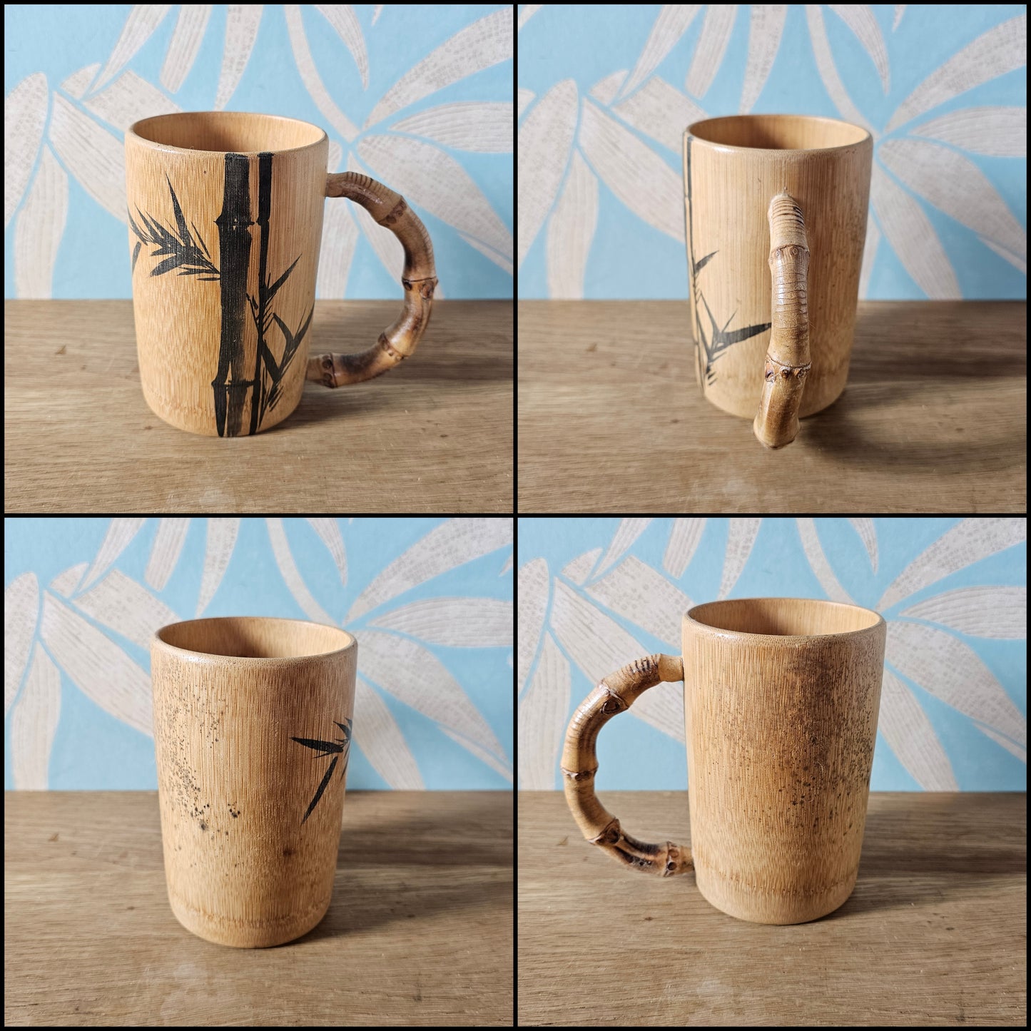 Set of five 1970s hand-painted bamboo wood tankards