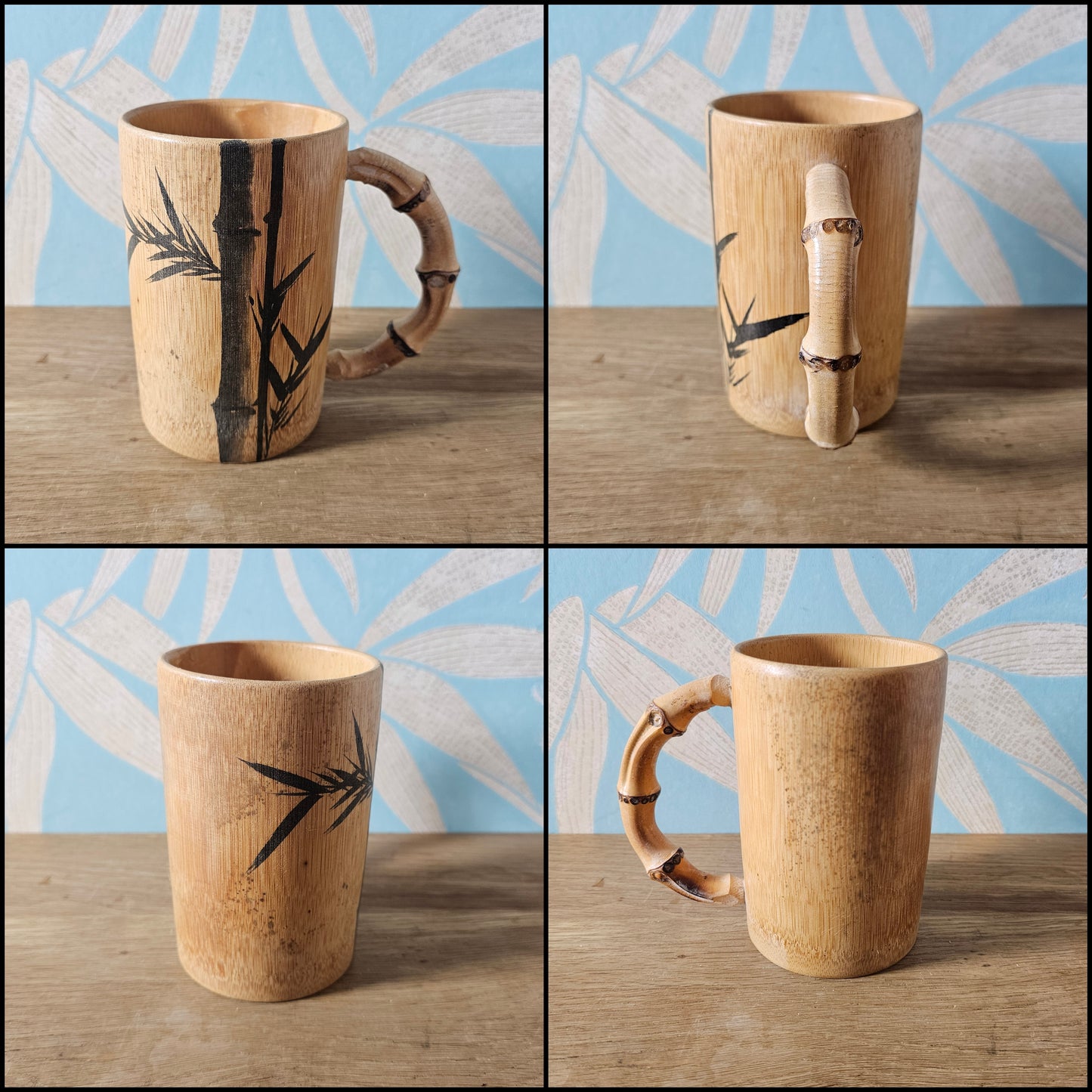 Set of five 1970s hand-painted bamboo wood tankards