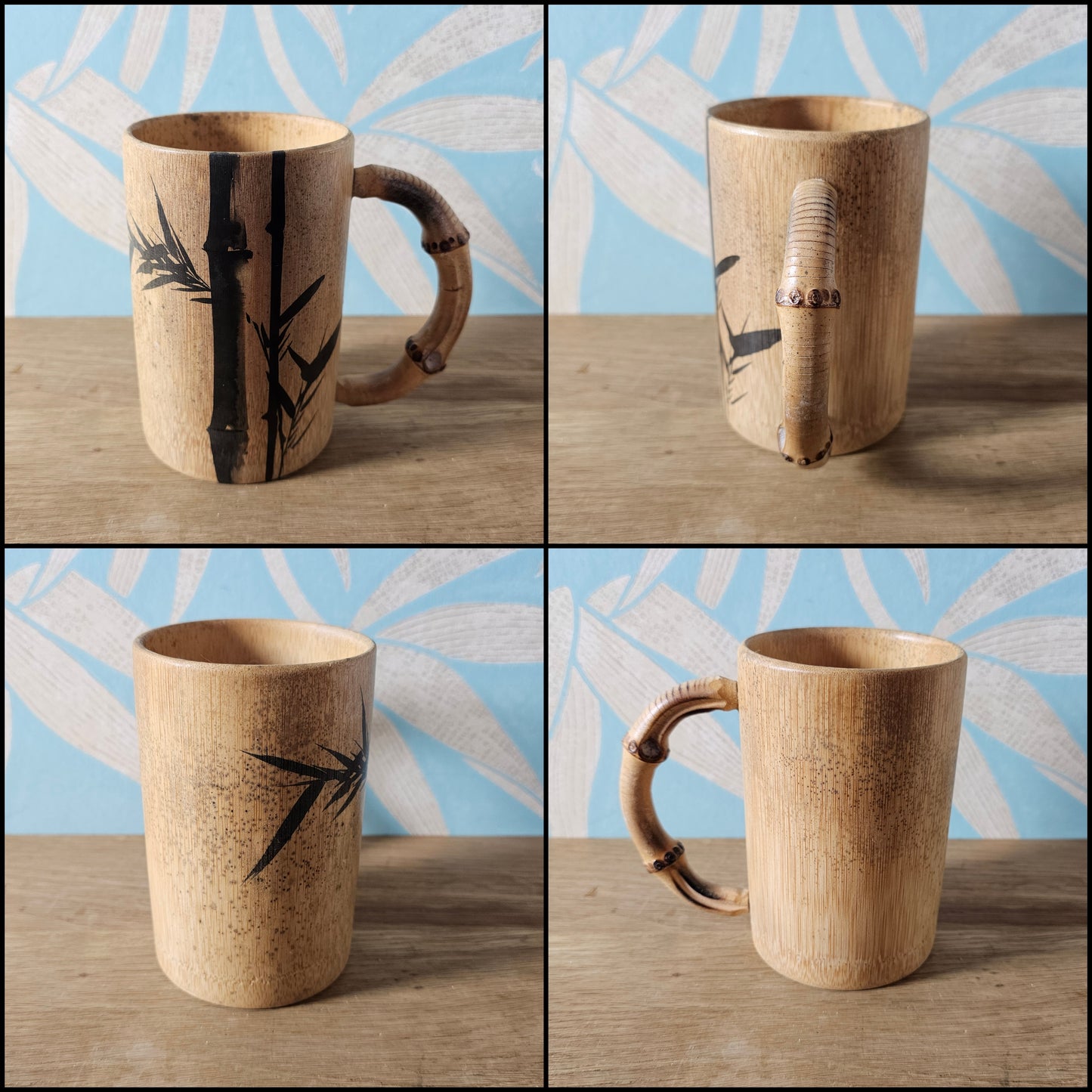 Set of five 1970s hand-painted bamboo wood tankards