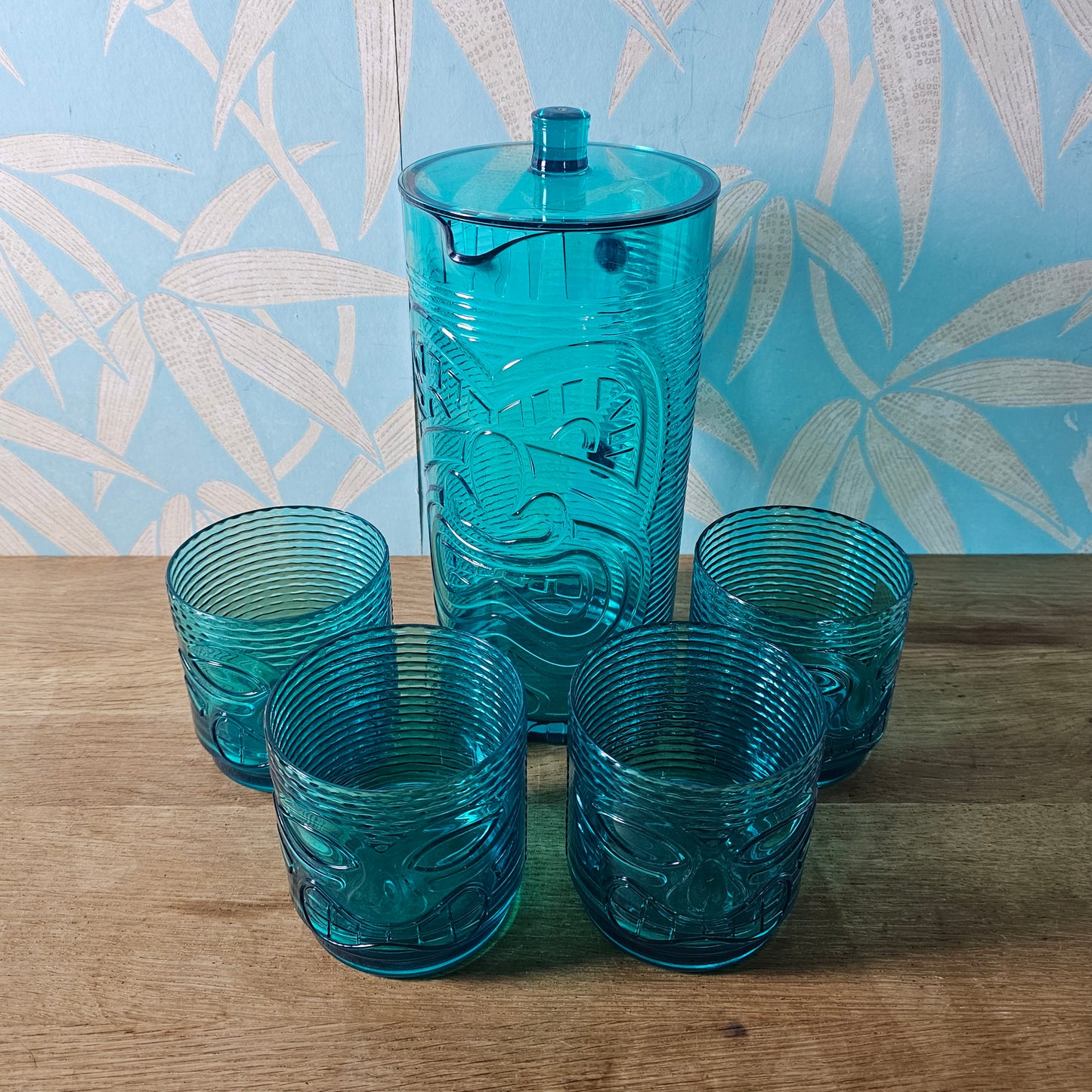 Teal Tiki cocktail pitcher and 4-tumbler drink set