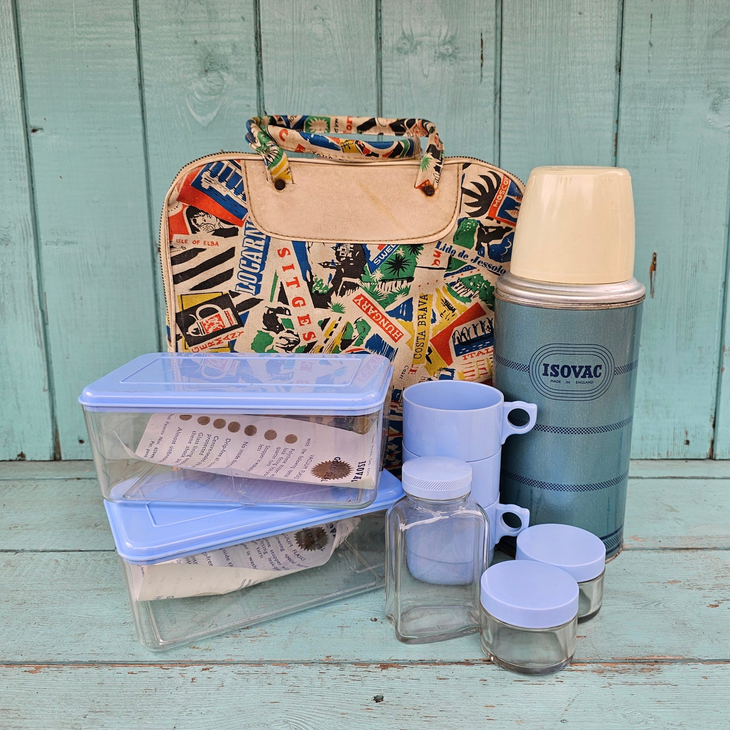 Mid-century Isovac picnic set in world travel print carry case