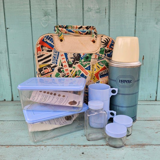 Mid-century Isovac picnic set in world travel print carry case