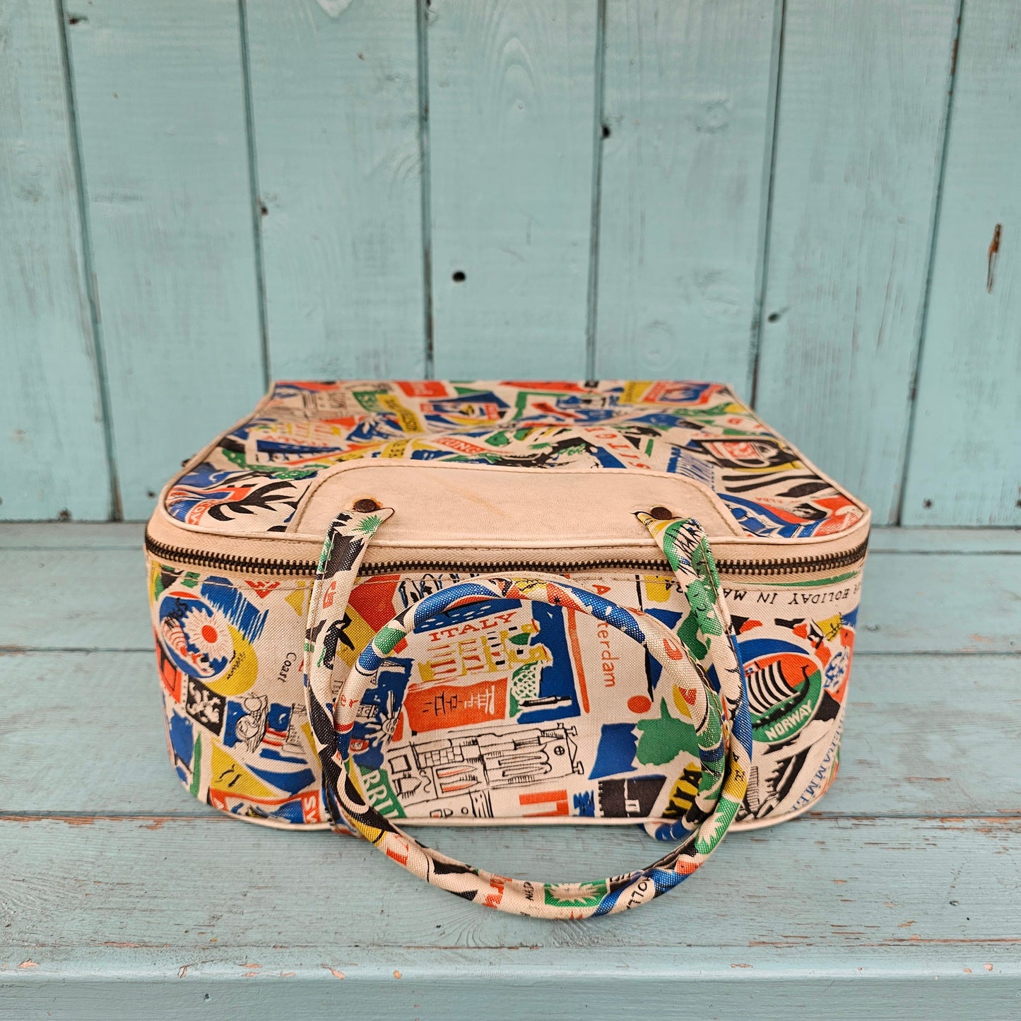 Mid-century Isovac picnic set in world travel print carry case