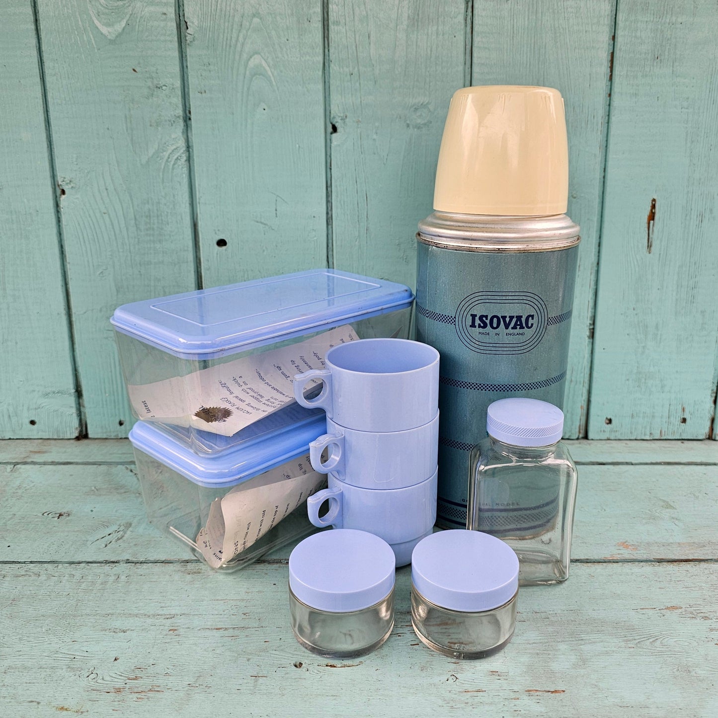 Mid-century Isovac picnic set in world travel print carry case