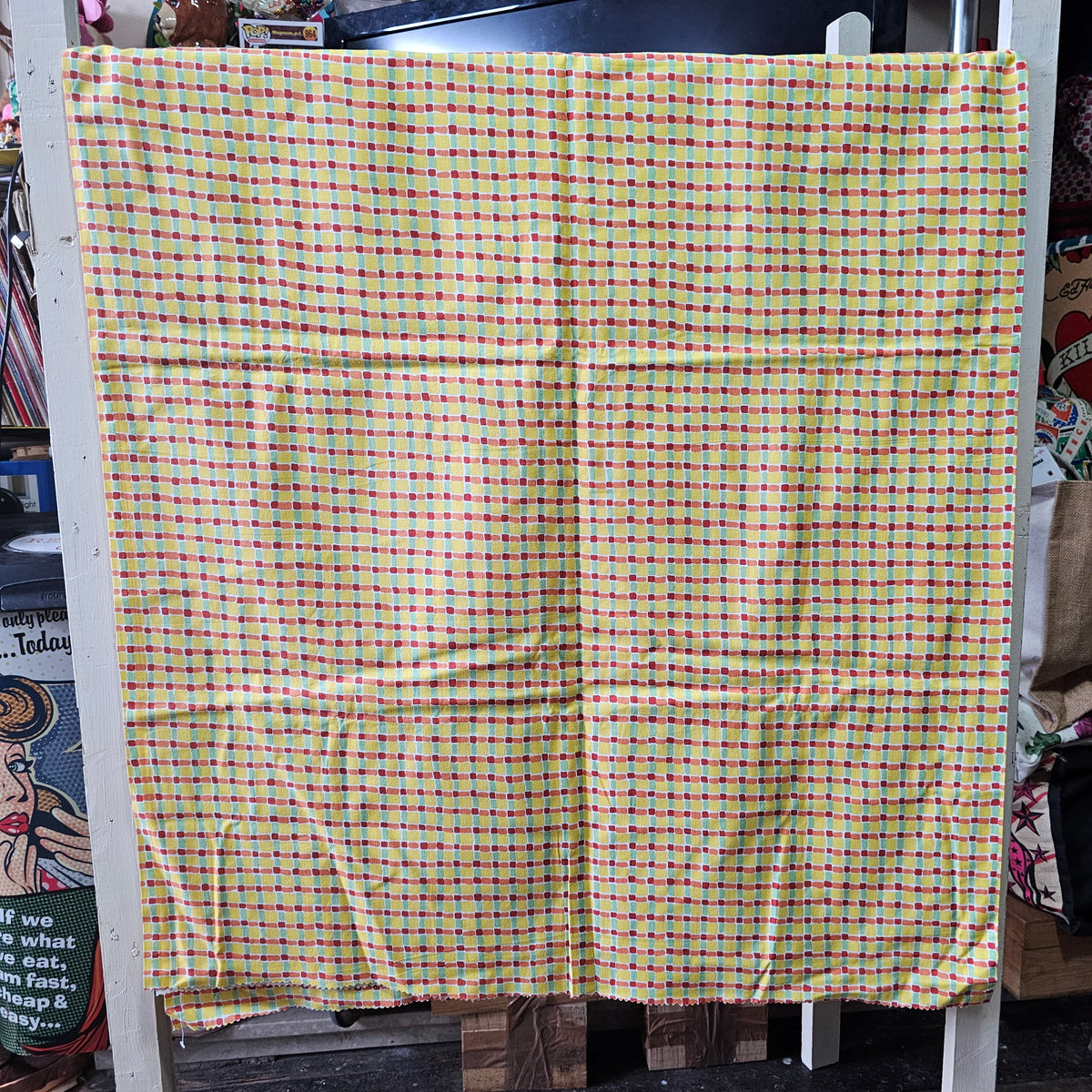 1980s yellow green & orange geometric check cotton fabric, 61" x 89"