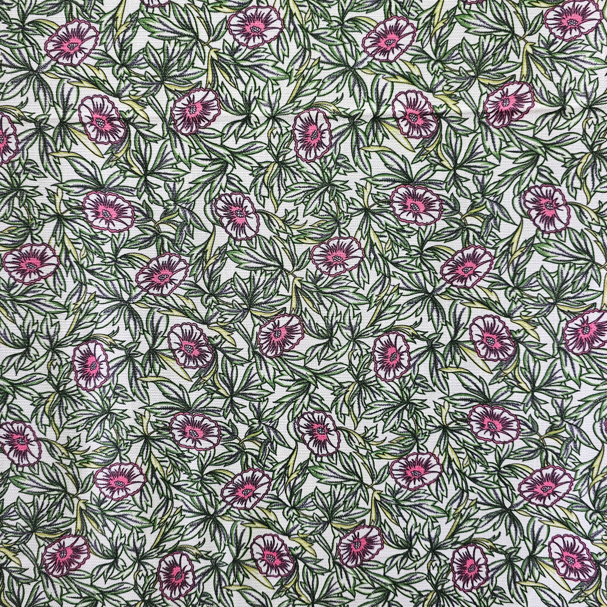 1960s/70s Arts & Crafts-style pink floral botanical synthetic fabric, 61" x 101"