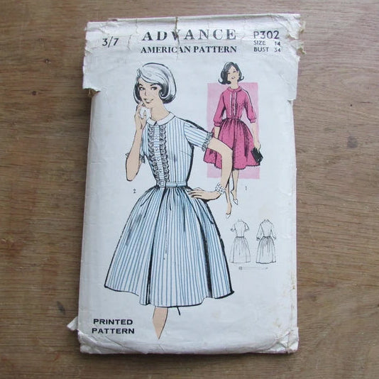 Part cut 1950s Advance American P302 sewing pattern for misses' dress, size 14 (see description)