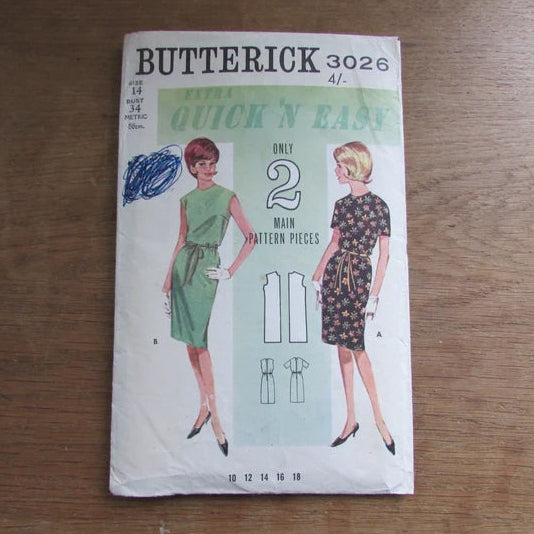 Uncut 1960s Butterick 3026 Quick 'n Easy misses' dress, size 14 (complete)