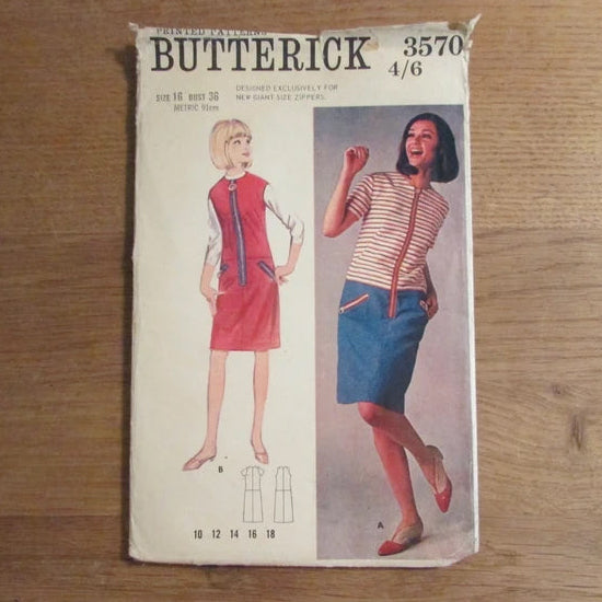 Part cut 1960s Butterick 3570 sewing pattern for one-piece dress or jumper, size 16 (complete)