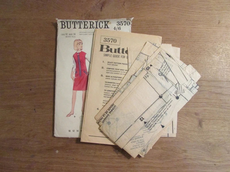 Part cut 1960s Butterick 3570 sewing pattern for one-piece dress or jumper, size 16 (complete)