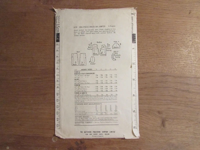 Part cut 1960s Butterick 3570 sewing pattern for one-piece dress or jumper, size 16 (complete)