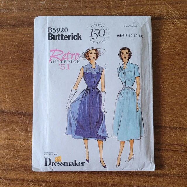 Uncut 2013 Butterick Retro'51 B5920 sewing pattern for 1950s misses' dress, belt & slip, sizes 6-14 (complete)