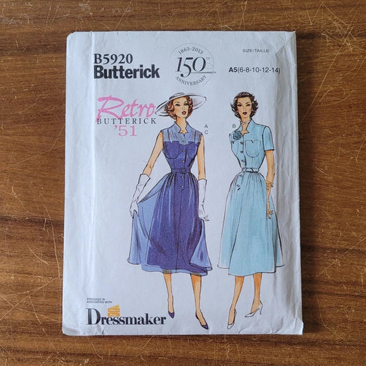 Uncut 2013 Butterick Retro'51 B5920 sewing pattern for 1950s misses' dress, belt & slip, sizes 6-14 (complete)