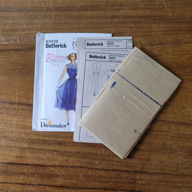 Uncut 2013 Butterick Retro'51 B5920 sewing pattern for 1950s misses' dress, belt & slip, sizes 6-14 (complete)