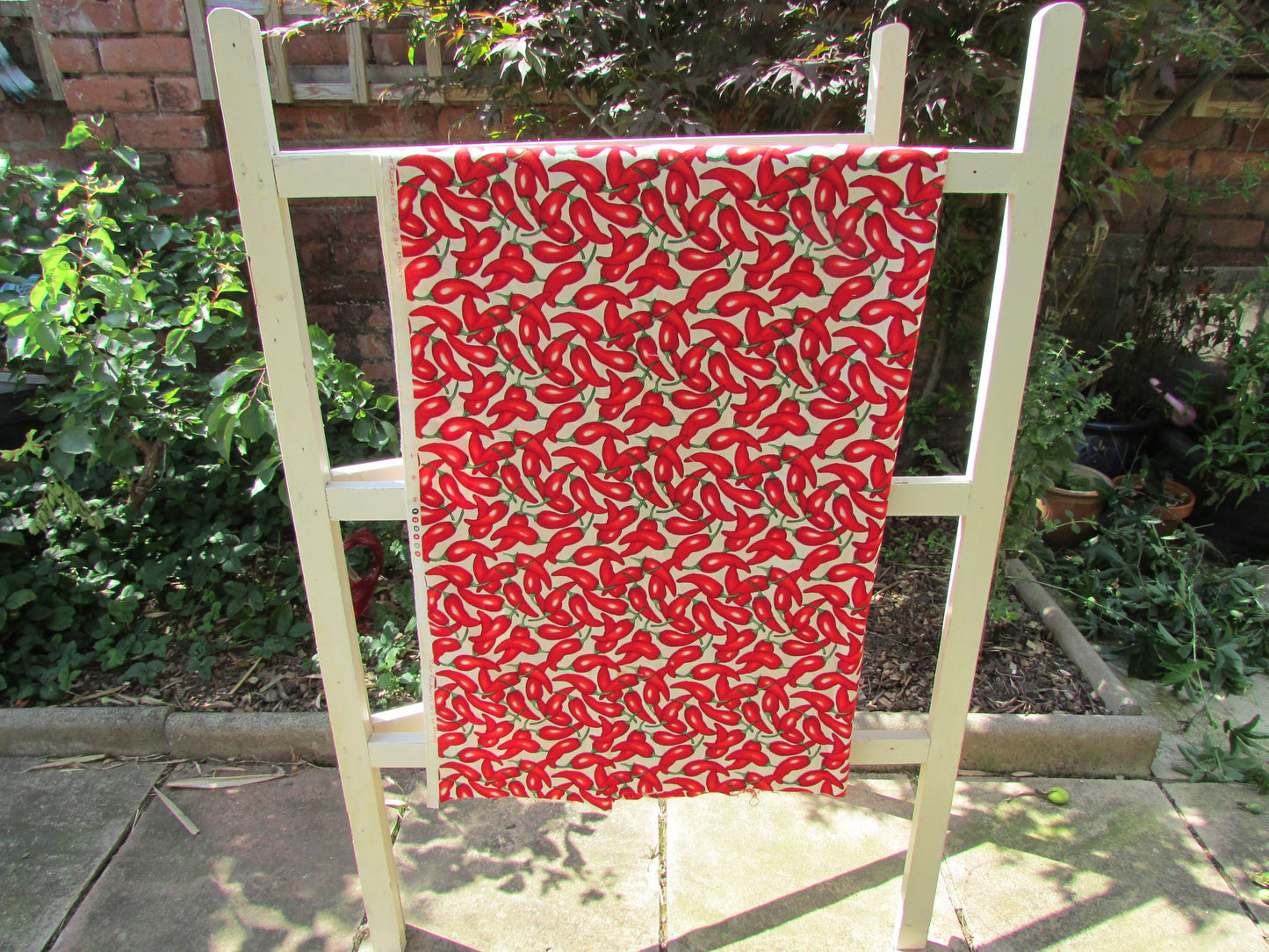 1990s Robert Kaufman Salsa Picante chili peppers on white fabric piece, 43" x 65"