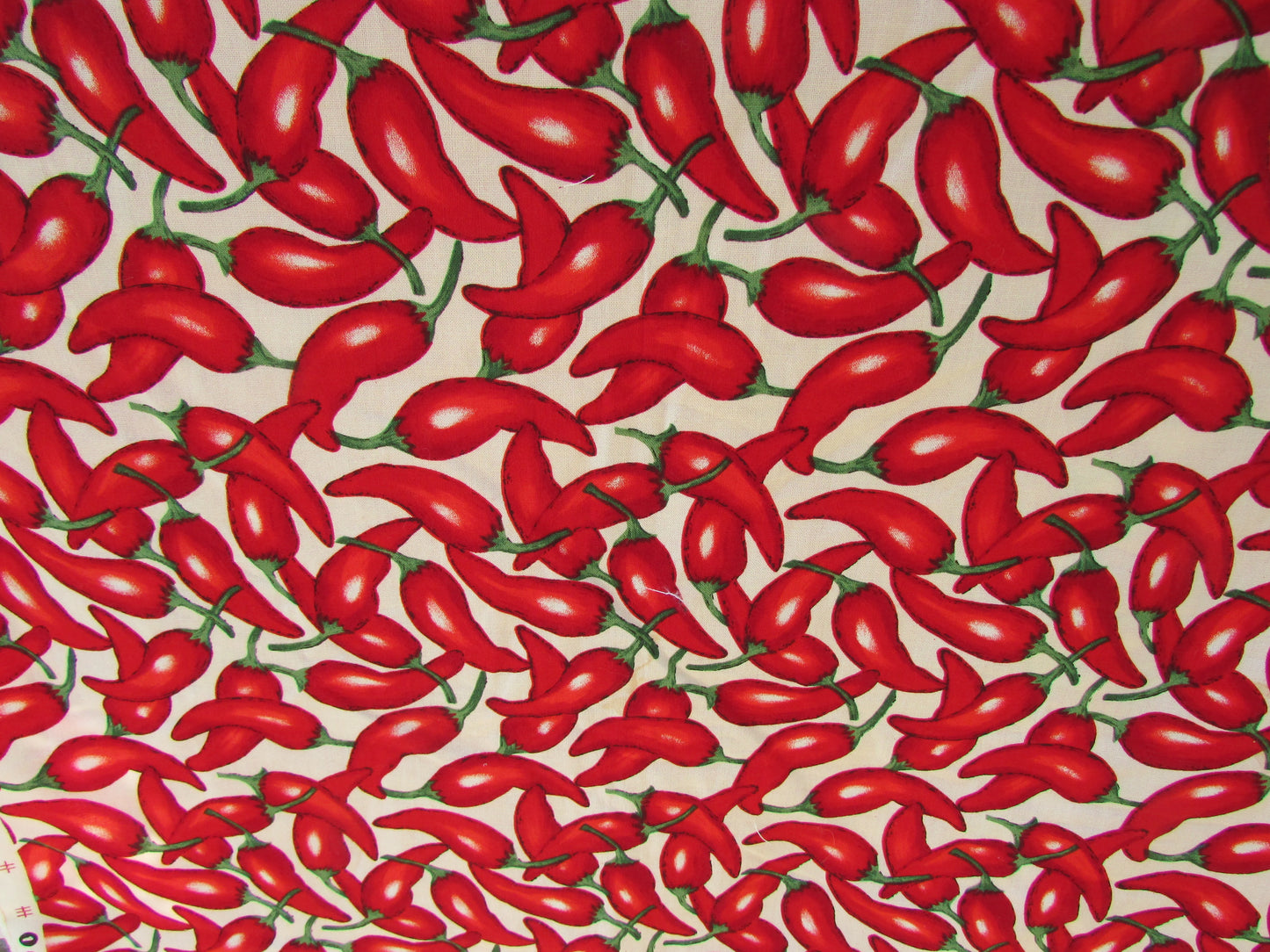 1990s Robert Kaufman Salsa Picante chili peppers on white fabric piece, 43" x 65"