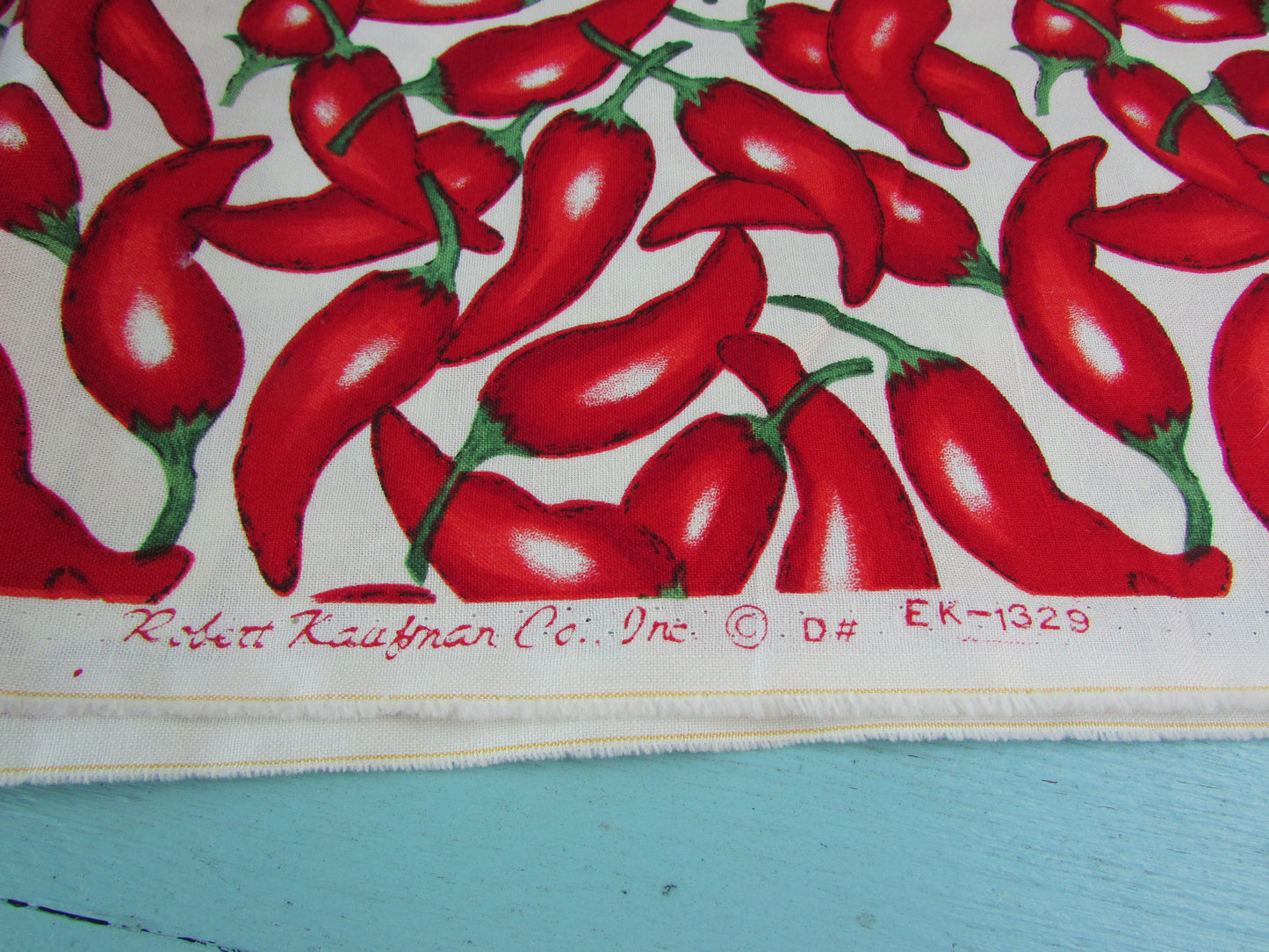 1990s Robert Kaufman Salsa Picante chili peppers on white fabric piece, 43" x 65"