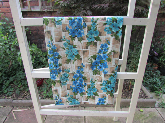 1950s/60s blue floral cotton dress fabric piece, 92" x 68" approx