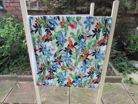 Retro tropical parrot & hibiscus stretchy dress fabric piece, 86" x 64"