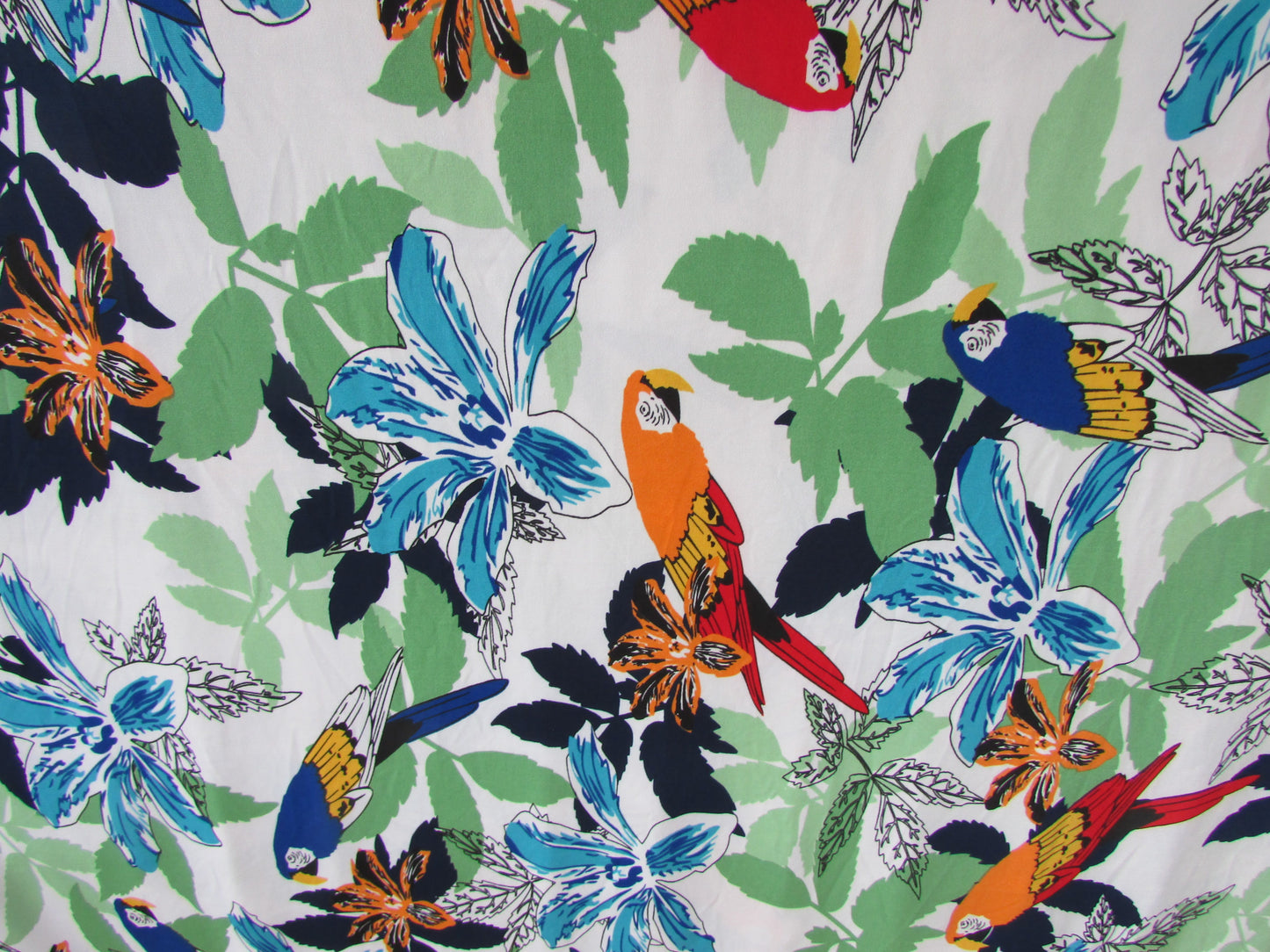 Retro tropical parrot & hibiscus stretchy dress fabric piece, 86" x 64"