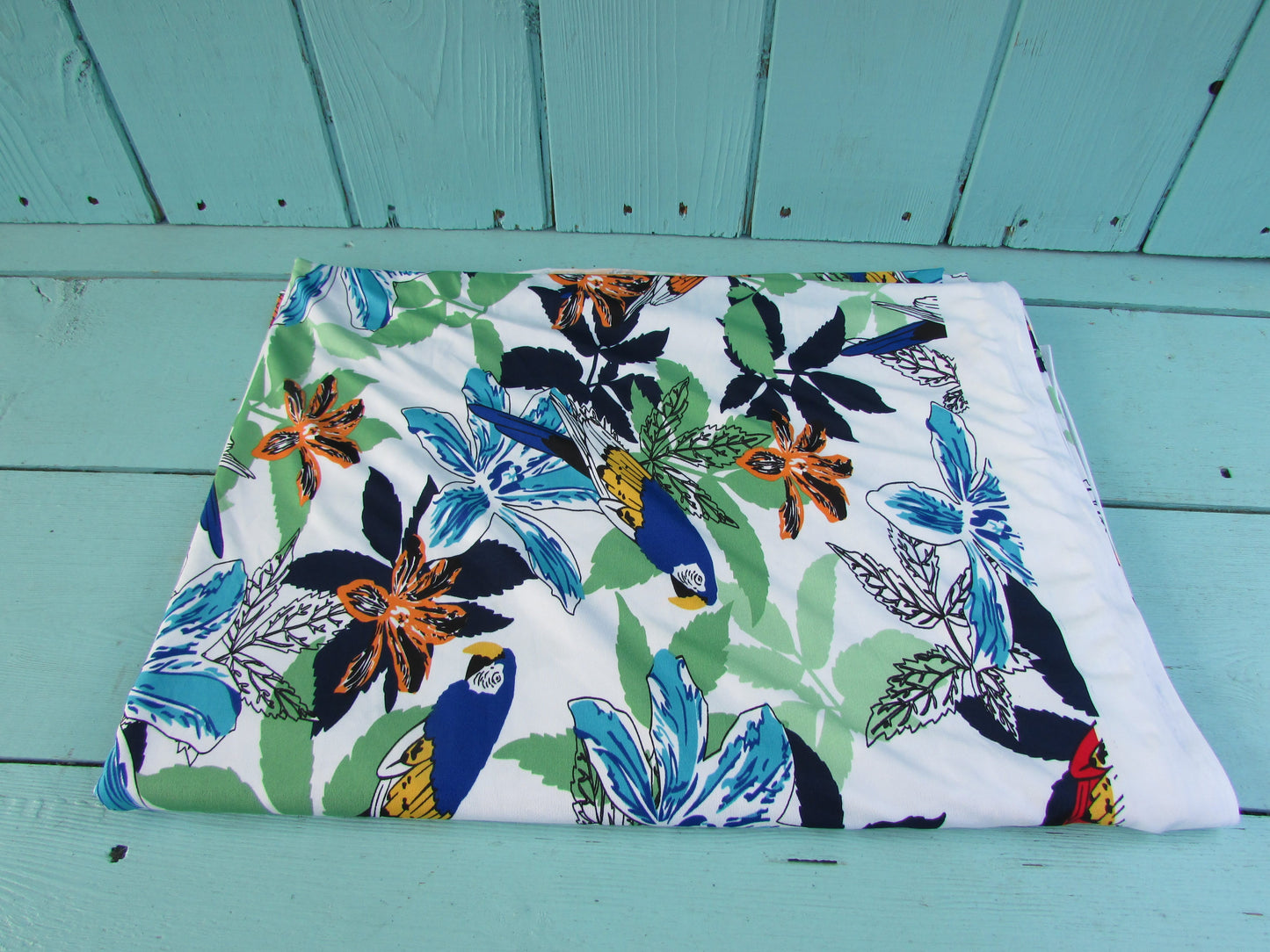 Retro tropical parrot & hibiscus stretchy dress fabric piece, 86" x 64"
