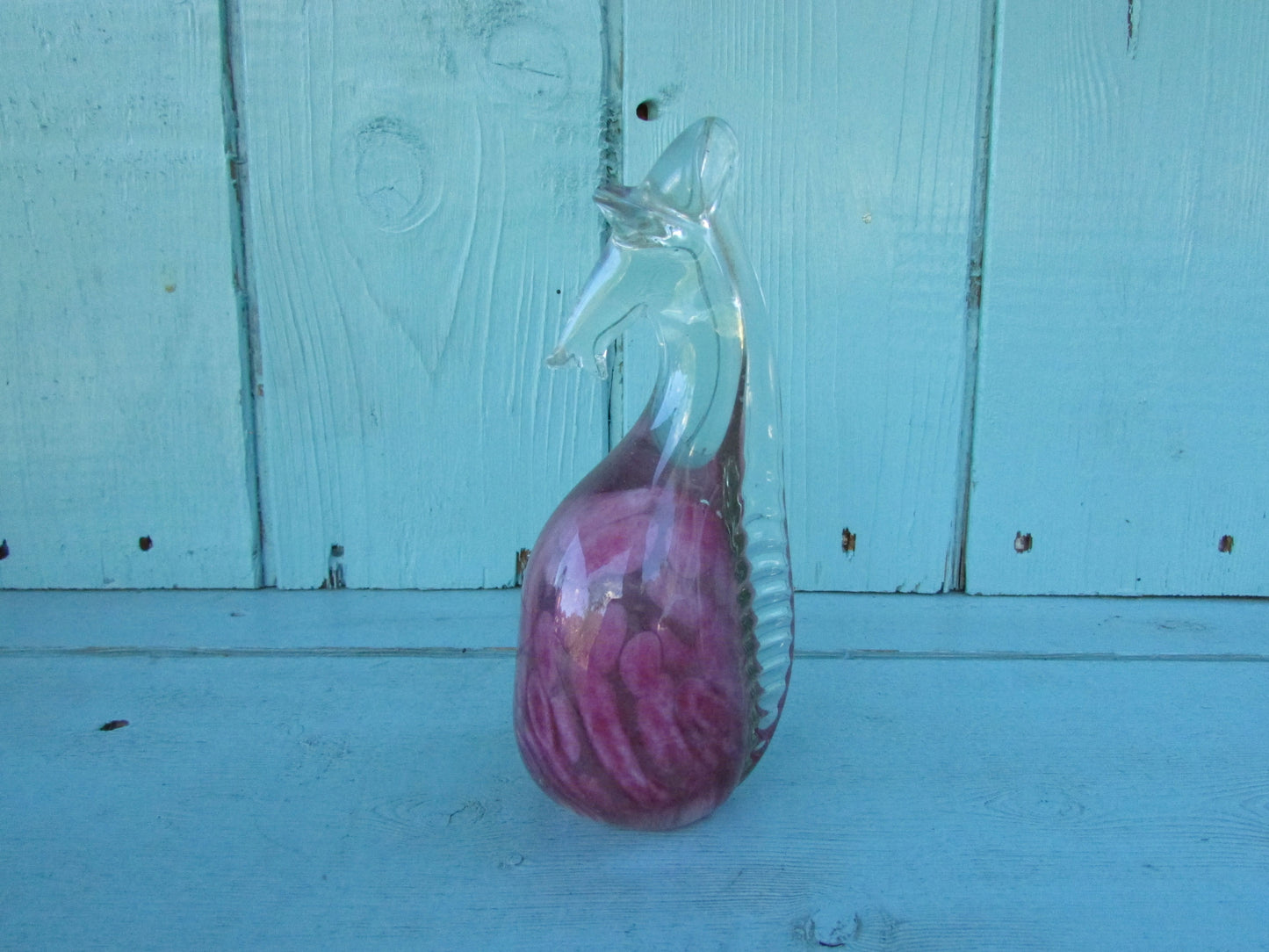 Vintage mottled pink art glass sea horse figurine/paperweight