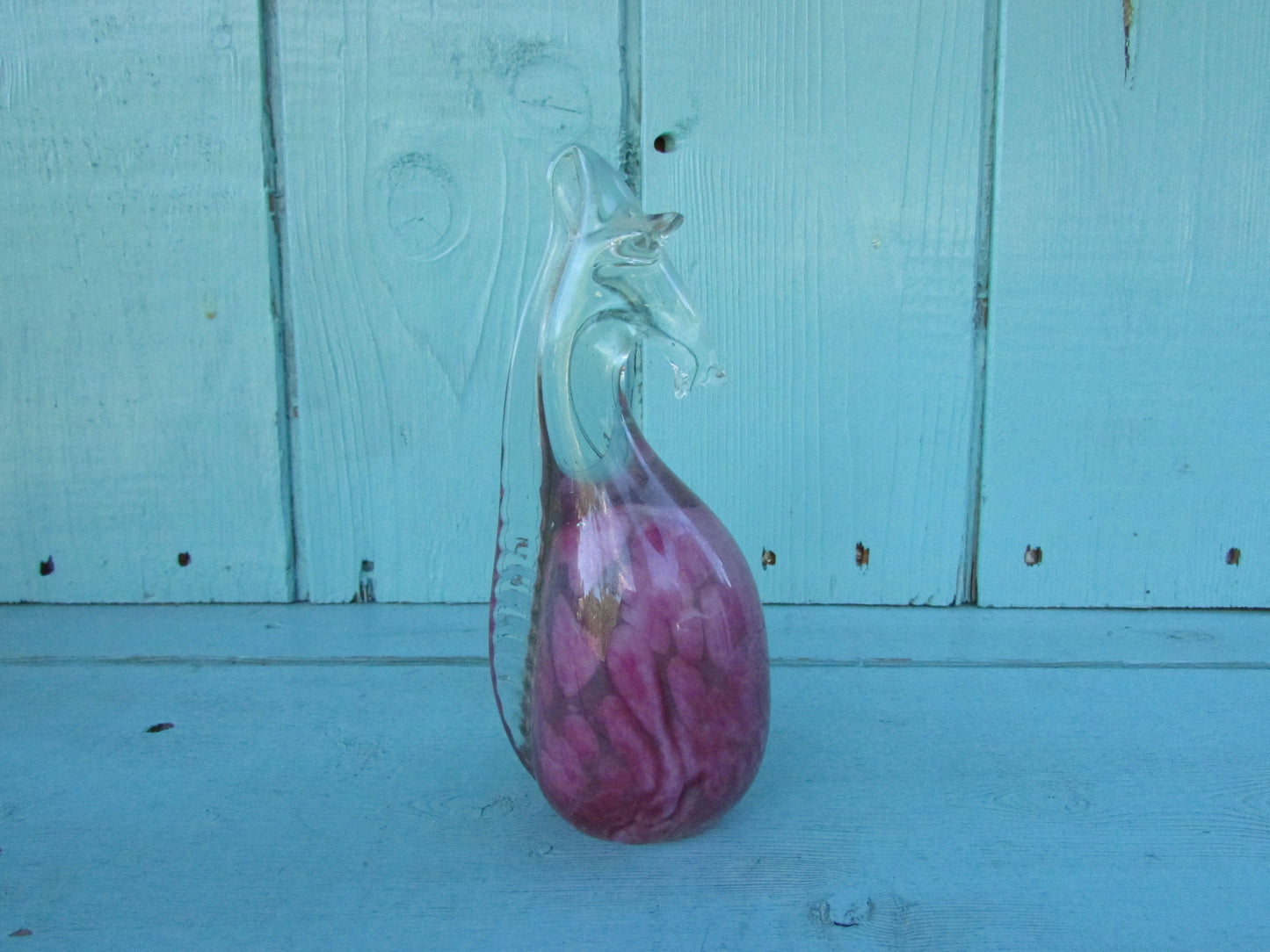 Vintage mottled pink art glass sea horse figurine/paperweight