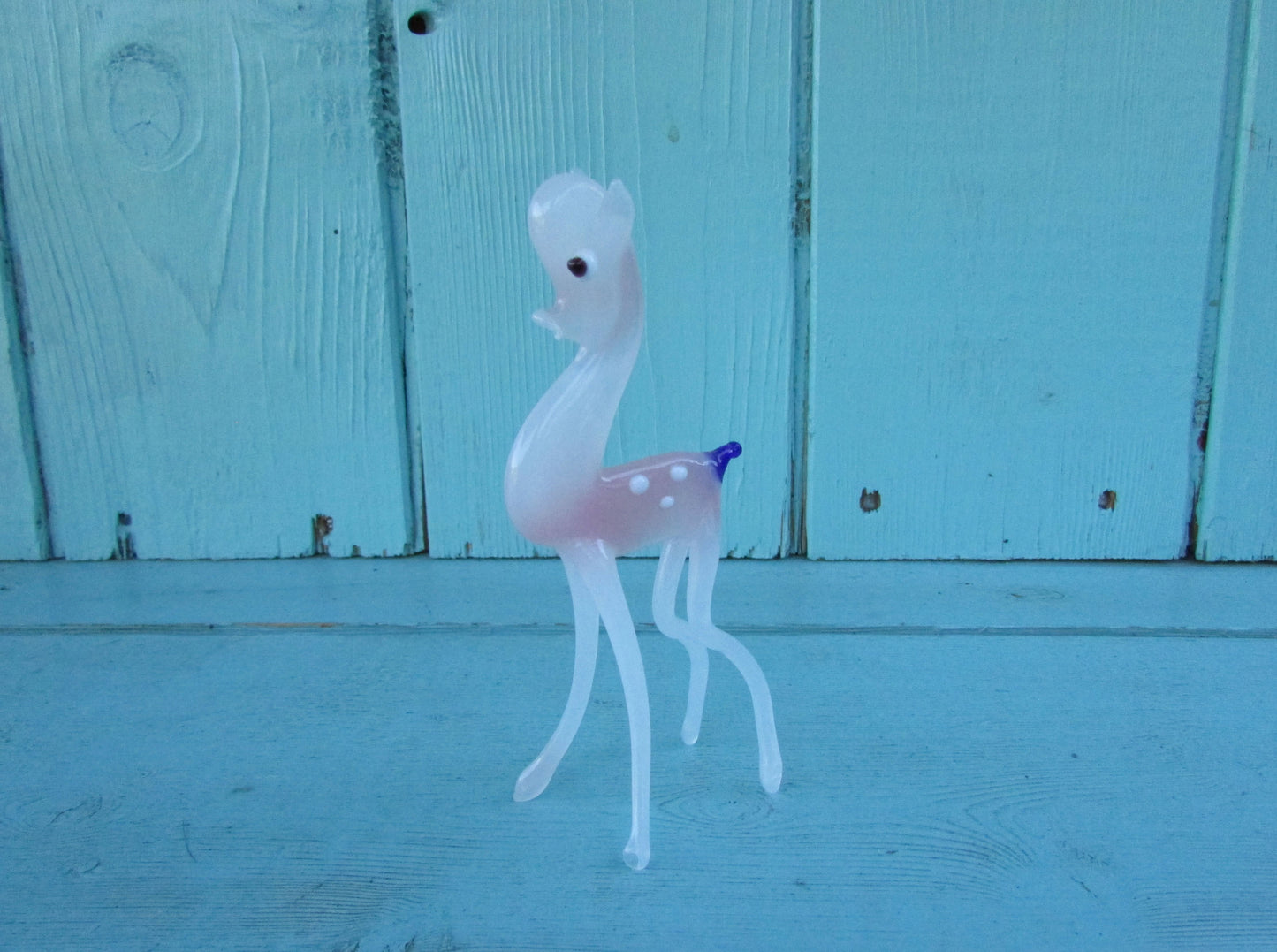 1960s Murano-style pink deer with contrast blue scut blown art glass figurine