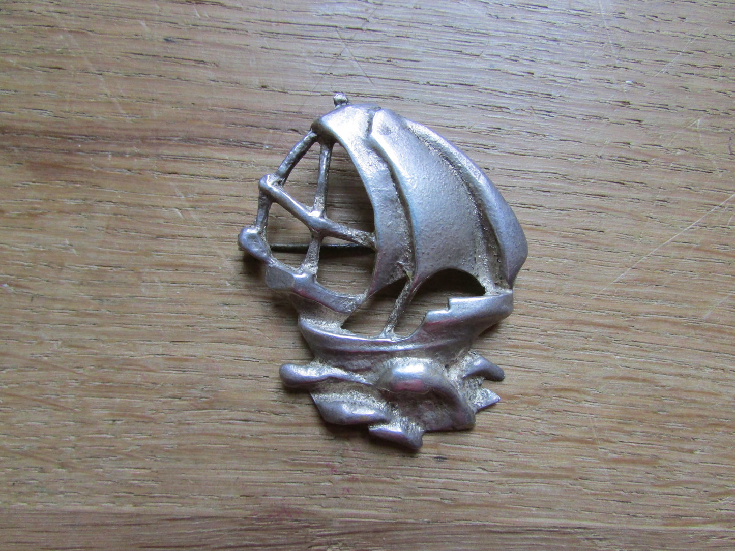 Vintage Arts & Crafts-style silver galleon brooch, stamped