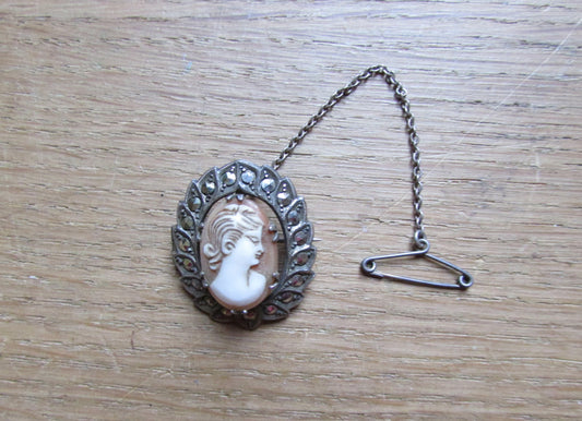 Victorian silver marcasite cameo wreath brooch with safety chain